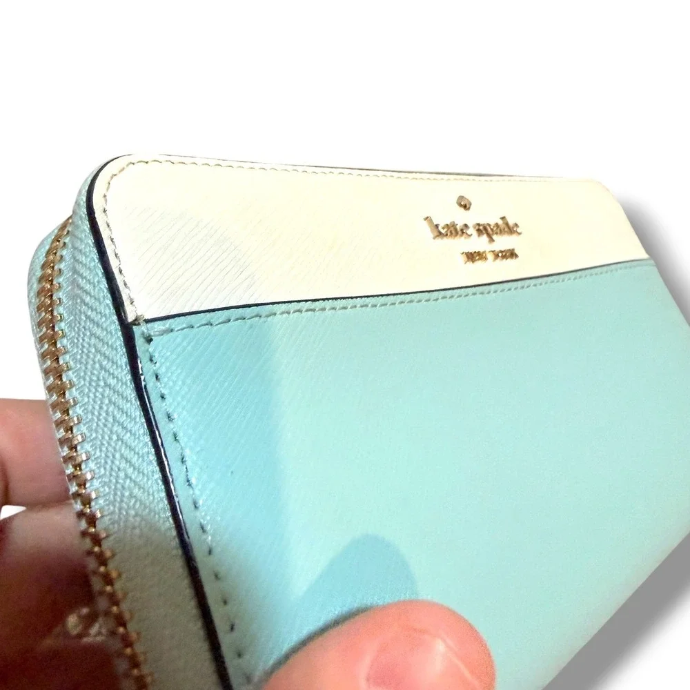 Kate Spade New York Wallet Womens Aqua White Saffiano Leather Zip Around